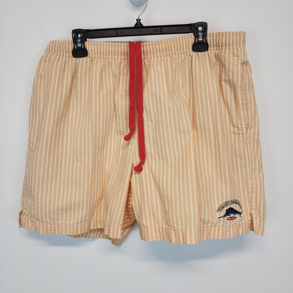 Tommy Bahama Mens Marlin Swim Trunks Size L Orange Seersucker Embroidered Vtg